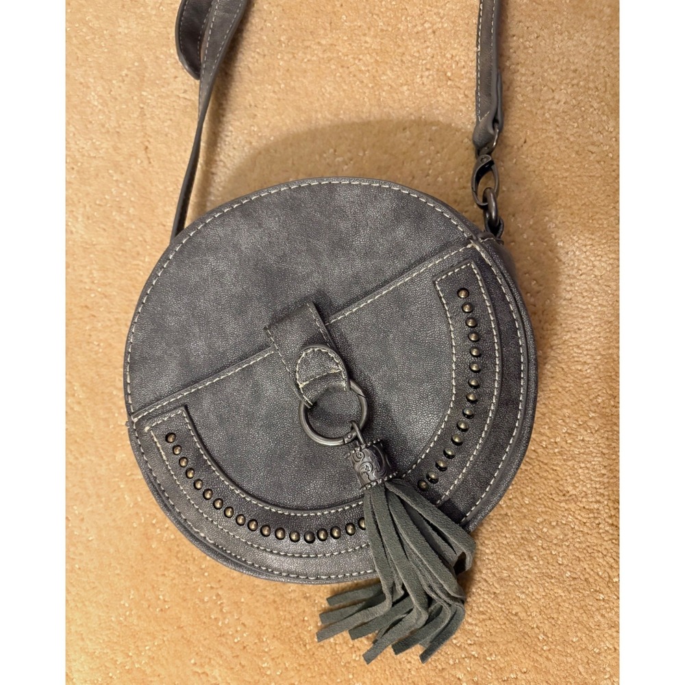 Montana West Round Crossbody Bag Gray Faux Leather Tassel Studded